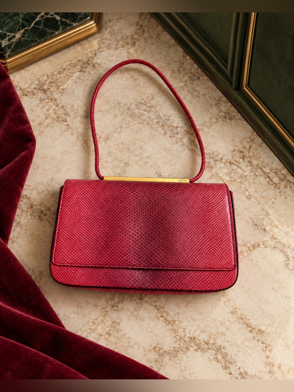 Vintage Gucci Red Lizard Textured Leather Flap Shoulder Bag Gold Bar